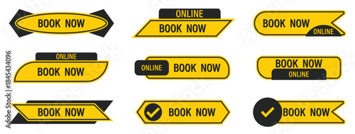 Yellow book now buttons with online tags and icons. Modern shapes highlight call to action elements