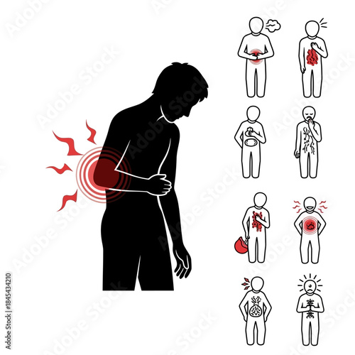 Silhouette of a person with back pain and other symptoms.