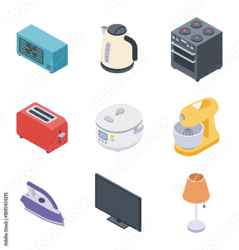 Isometric illustration of various household appliances isolated on black background