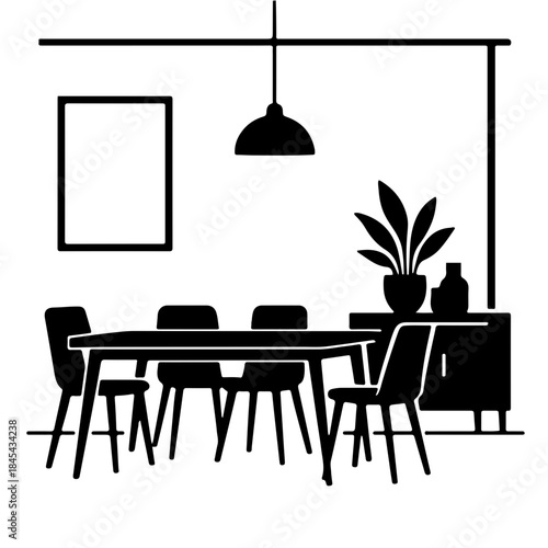 Black and White Dining Room Design Vector – Minimalist Interior Silhouette