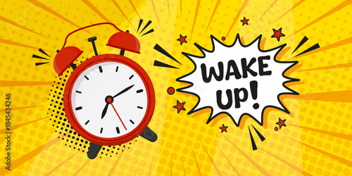 Bright comic style illustration featuring a ringing alarm clock. Bold yellow background and star accents create energetic movement