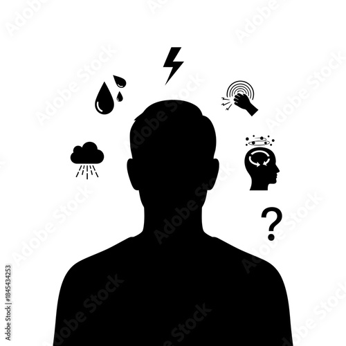 Silhouette of a person with symbols representing mental health challenges.