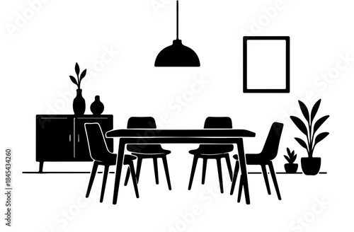 Black and White Dining Room Design Vector – Minimalist Interior Silhouette