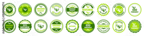 Eco friendly badges and organic product labels in green style. Circular seals emphasize sustainability and natural quality