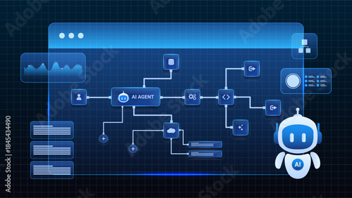 AI workflow automation artificial intelligence. ai agent network diagram dashboard machine learning showing user input, cloud and database connections, modular automation steps.