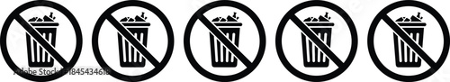 Vector graphic illustration of a forbidden waste bin icon repeated multiple times, signifying a strict policy against littering and unsanctioned refuse in designated zones.