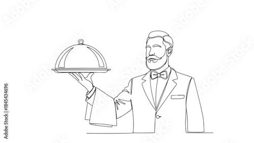A continuous line drawing of a sophisticated waiter holding a silver cloche serving tray, depicting elegant service.