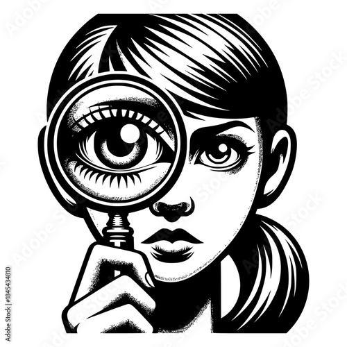 young girl holding a magnifying glass in front her eye vector image illustration