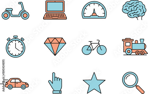 Graphic elements using peach and light blue colors, depicting a wide array of concepts such as a scooter, stopwatch, cursor hand, and magnifying glass for apps and websites.
