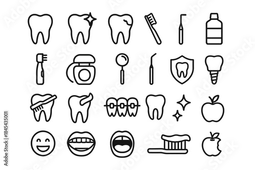 Dental icons set: tooth, brush, floss, implant, smile, apple.