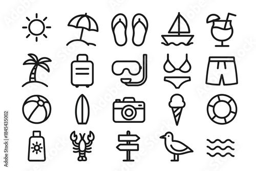 Summer vacation icons: beach, travel, swimming, and relaxation symbols.
