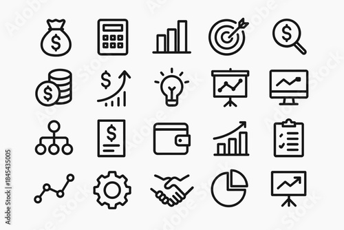 Business and finance icon set featuring graphs, currency, and strategy elements.