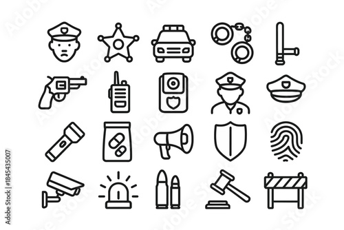 Law enforcement icons: police, badge, handcuffs, patrol car, shield, flashlight, megaphone.
