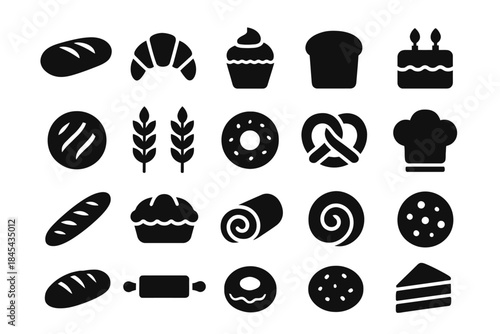 Assorted bakery icons: bread, pastries, and baking symbols.
