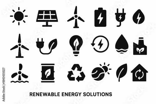 Renewable energy icons collection: solar, wind, recycle, electric, eco.
