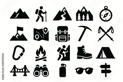 Collection of outdoor adventure and hiking icons with gear and nature symbols.
