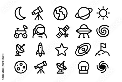 Space icons set: telescopes, planets, astronaut, rocket, ufo, moon, earth designs.