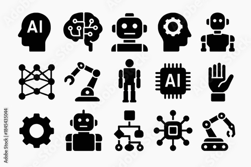 Artificial intelligence icons: robots, ai chips, neural networks, and automation symbols.