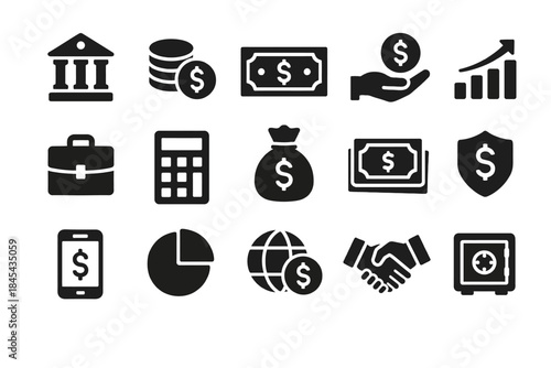 Financial icons collection: banking, investment, and money management symbols.