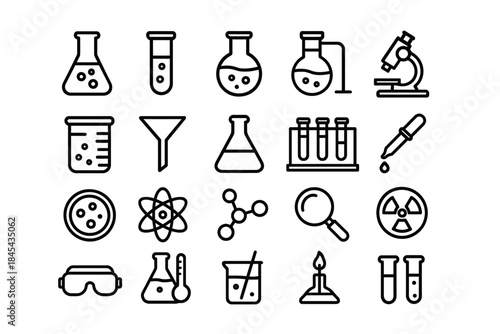 Science icons set featuring lab equipment and chemical tools.