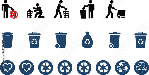 A definitive collection of vector icons for recycling, featuring bins, waste disposal symbols, environmental pictograms, and people managing trash.