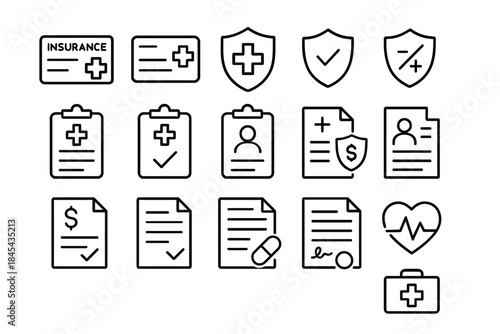 Healthcare and insurance icons: coverage, documents, medical, heartbeat, protection symbols.