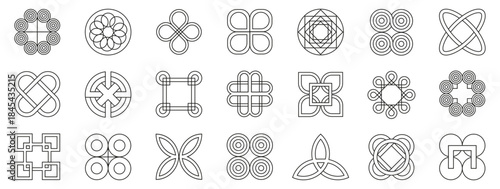 Symmetrical sacred geometry symbols with circular line construction. Clean outlines create balanced ornamental forms