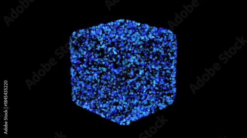 High-density glowing blue particle cube animation on dark background
