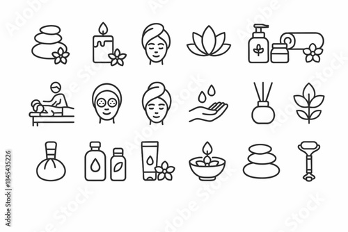 Spa and wellness icons set featuring massage, aromatherapy, and skincare elements.