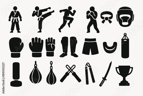 Martial arts silhouettes and equipment icons in black and white.