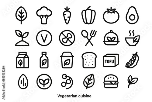 Vegetarian cuisine icons set: fresh plant-based food symbols and ingredients.