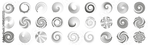 Abstract halftone spiral compositions made of dotted elements. Radial motion creates depth and dynamic visual flow