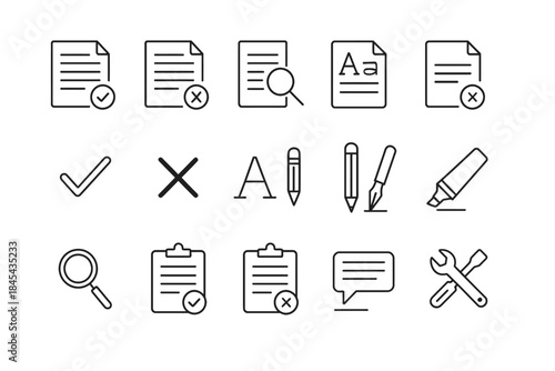 Document icons set with checkmarks and writing tools in black and white.