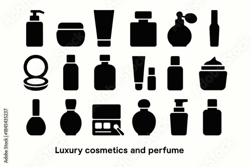 Silhouette collection of luxury cosmetic bottles and perfume containers.
