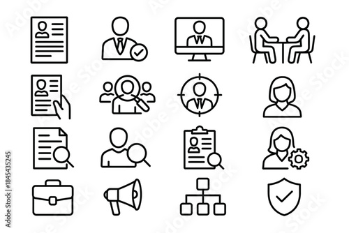 Outline icons of business interviews, resumes, and professional networking.