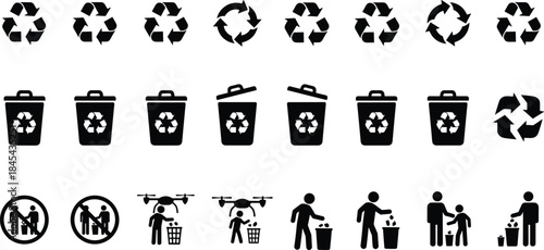 A massive vector collection of sun and recycling icons, including brightness controls, SPF ratings, tribal symbols, and waste disposal pictograms.