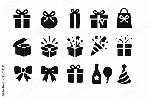 Celebration icons set: gifts, party hats, bags, and ribbons.