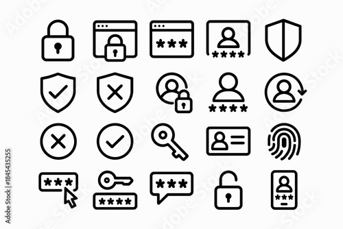 Security icon set: lock, key, password, shield, identity, fingerprint symbols.