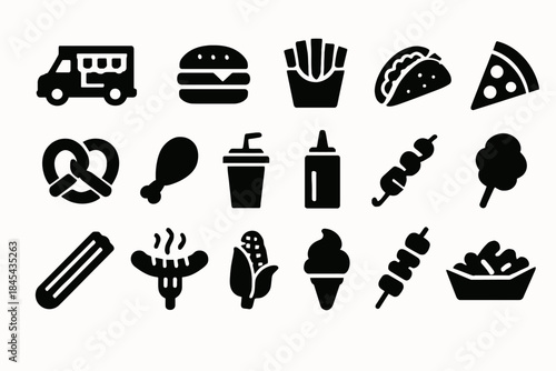 Silhouette icons of popular fast food items: taco, pizza, ice cream, burger, fries.