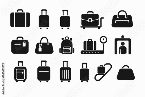 Set of travel and luggage icons in black silhouettes.