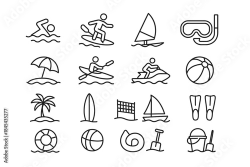 Beach activities icons: surfing, swimming, snorkeling, kayaking, sailing.