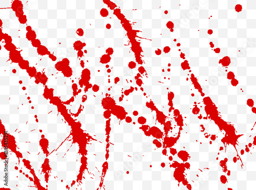 Red paint splatter stains on transparent background. Dynamic drops and smears create dramatic abstract texture
