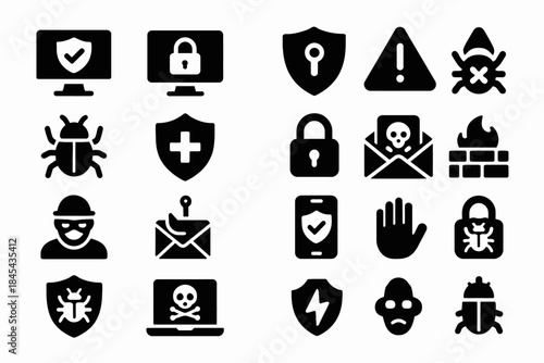Cybersecurity icons: lock, shield, bug, and firewall symbols for online protection.