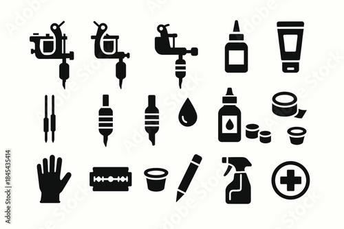 Tattoo equipment icons: tattoo machines, ink bottles, needles, razor blade, medical supplies.