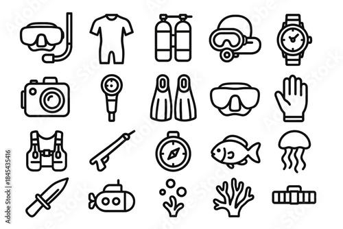 Dive gear icons: snorkel, scuba, fins, compass, camera, fish, coral.