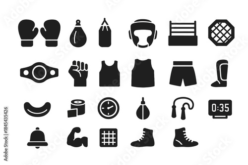 Boxing equipment icons: gloves, ring, punching bag, headgear, and more.