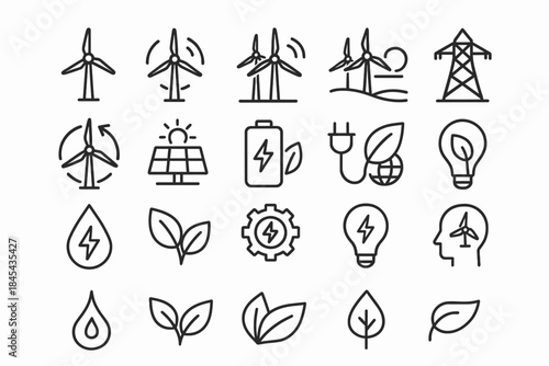 Renewable energy icons featuring wind, solar, and eco-friendly elements.
