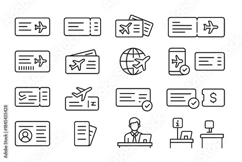 Set of airplane ticket icons in black and white line art style.