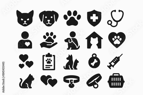 Pet care icons: cat, dog, paw, veterinary, heart, animal, love symbol collection.