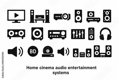 Home cinema audio entertainment systems icons collection.